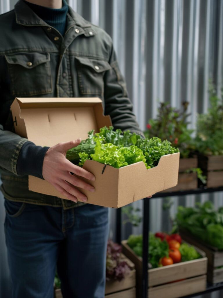 Cajas de cartón para agricultura apiladas y llenas de producto hortofrutícola.